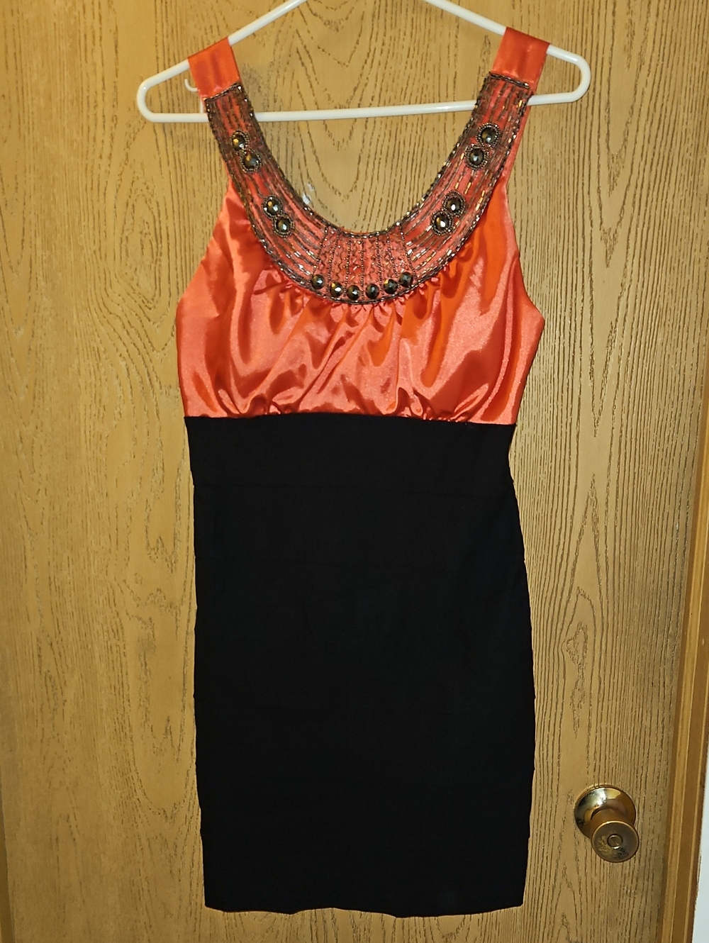 Trixxi Pink Satin Bodice with Black Skirt Beaded Neckline Mini Dress